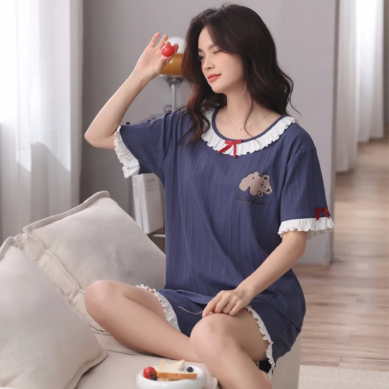 Pajamas Ladies Summer Cotton Short Sleeve Shorts Homewear Thin Can Be Wearable Casual Two Pieces suit