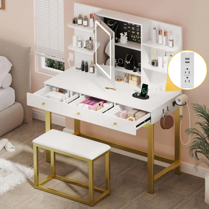 39.5 W Vanity Desk Set,Makeup Table Adjustable 3 Lights Modes, Vanity Table with Stool and Hidden Storage Shelves,for Girls Gift