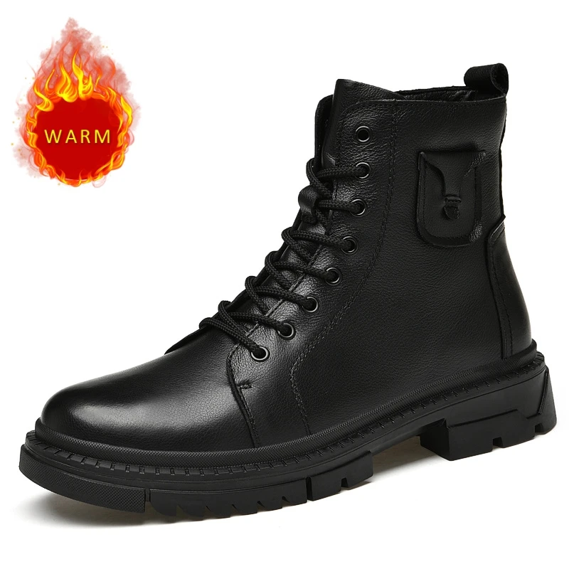 

High End Brand Men's Genuine Leather Boots Warm Plush Short Boots Men's Knight Boots Trend Men's High Top Shoes Big Size：38-49