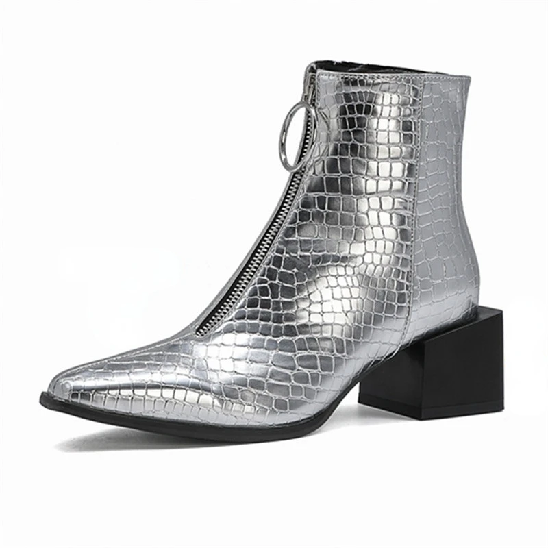 

Size 34-48 Ankle Boots Women Silver Black Front Zipper Short Boots Ladies Thick Chunky Medium Heeled Biker Boot Shoes