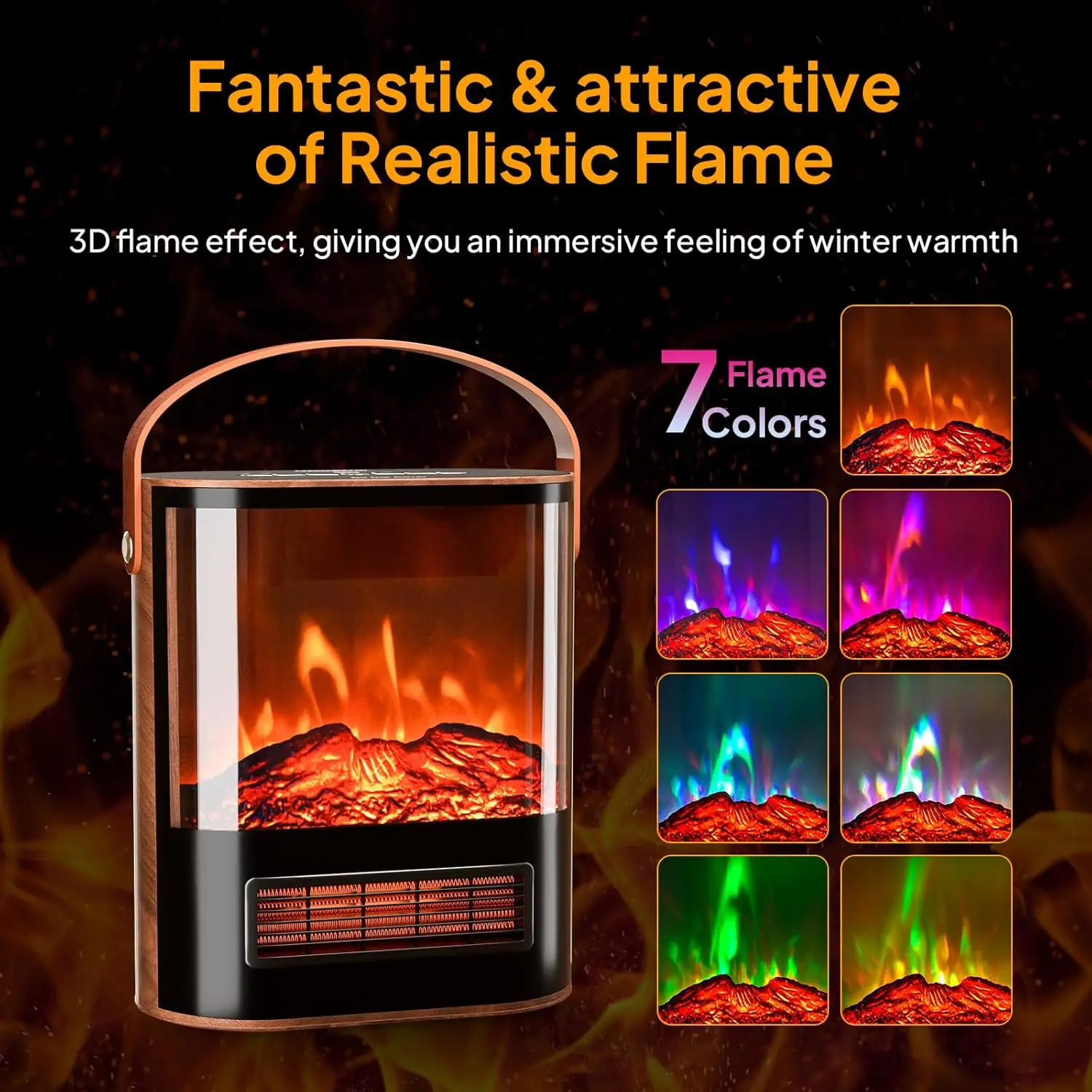 Electric Fireplace Heater for Indoor Use w/Remote & Timer, 1500W Portable Fake Fireplace with 7 Flame Color 4