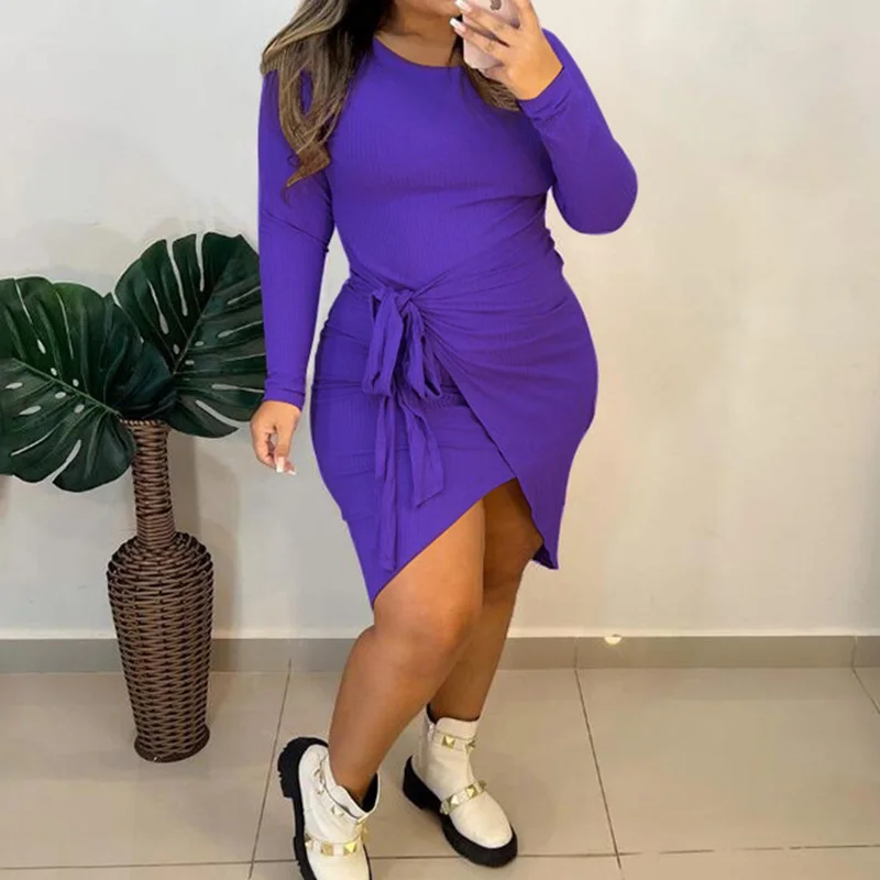 Fashion Solid O-Neck Plus Size Long Sleeve Princess Dress Lady Elegant Pit Strip Bandage Bag Hip High Elasticity Irregular Skirt