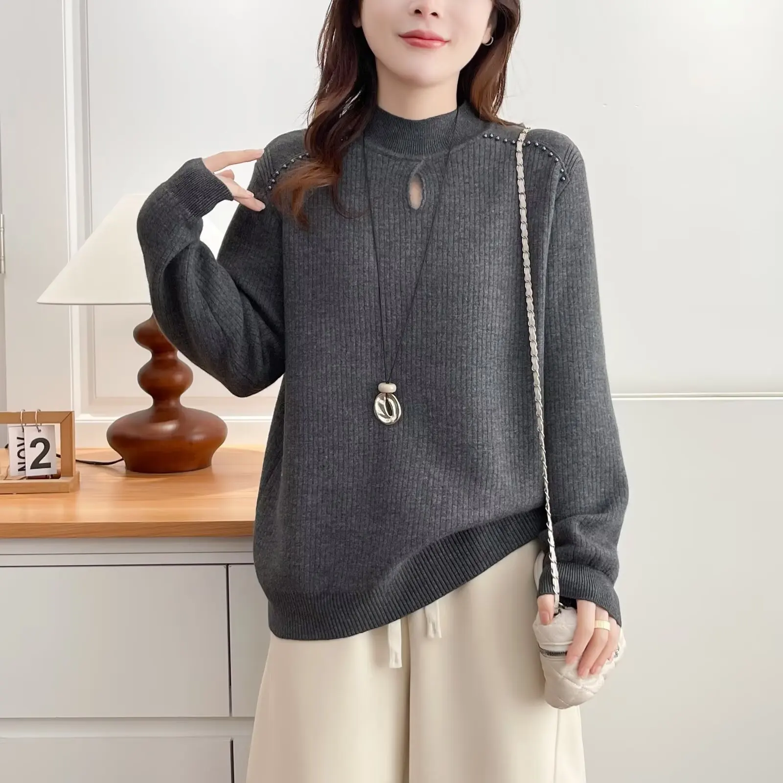 XXXXL Fashion Plus Size Women's Sweaters Autumn Winter New Stylish Beaded hollowed-out one-piece Fleece Warm Knitted Jumper 2586