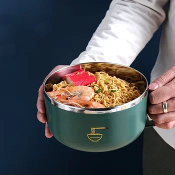Bol à nouilles Ramen en acier inoxydable 304, avec couvercle, résistant à la chaleur, bols à nouilles instantanées, cuiseur, vaisselle, accessoire de cuisine 1