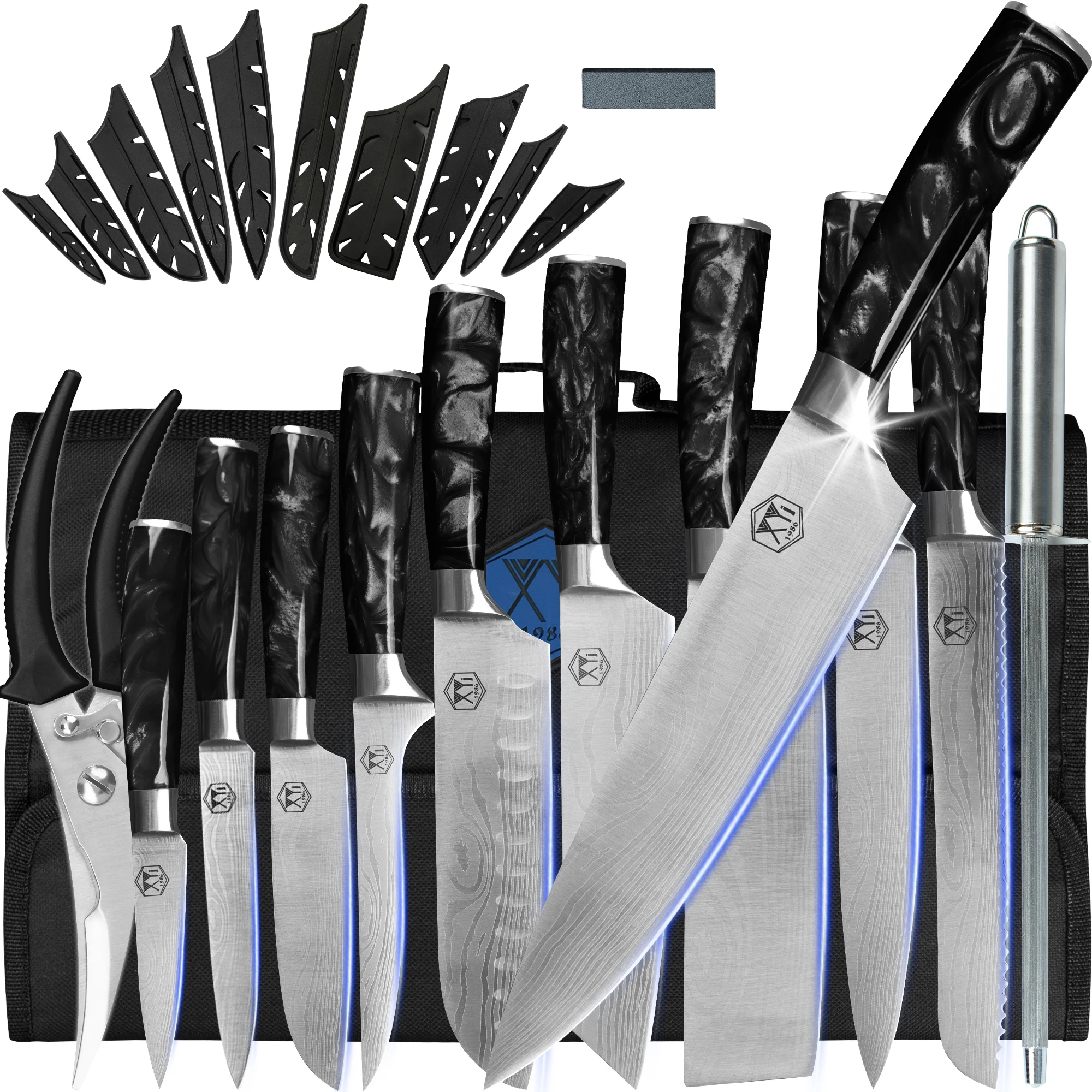 TURWHO Kitchen Knife Scissors Set VG10 Damascus Steel Chef Knife Block  Storage