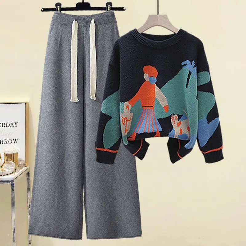 Korean Cartoon Comics Knitted Sweater Pullover Lace Up Knitted Pants Two Piece Set Elegant Women's Pants Set Winter Outfits