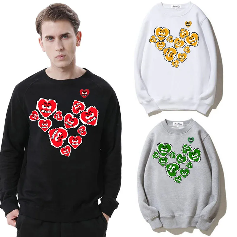 

Break Egg Men Women Sweater Cotton Heart Bared Teeth Embroidery Pixel Heart Printing Thick Fleece O-neck Spring Loose Hoodie