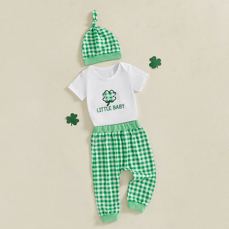 St Patrick s Day Green Clover Print Long Sleeve Bodysuit with Striped Pants and Matching Hat 3 Piece Set for Infants
