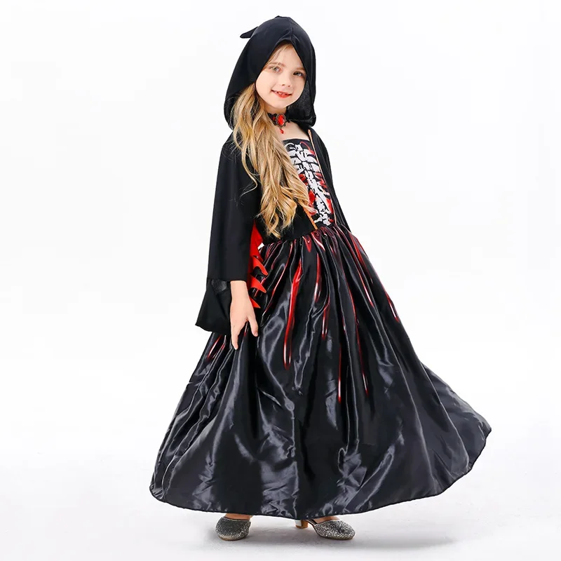 Sydanne New Girls Witch Dress Cosplay Costume Black Horror Party Kids Hooded Dress Skirt Halloween Costume