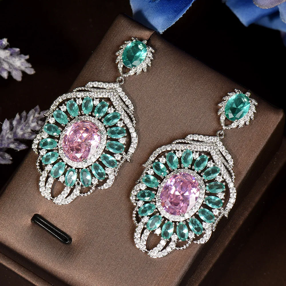 

HIBRIDE Unique Sparkly Statement African Nigerian Cubic Zirconia Setting Big Long Dangle Earrings For Brides Wedding E-395