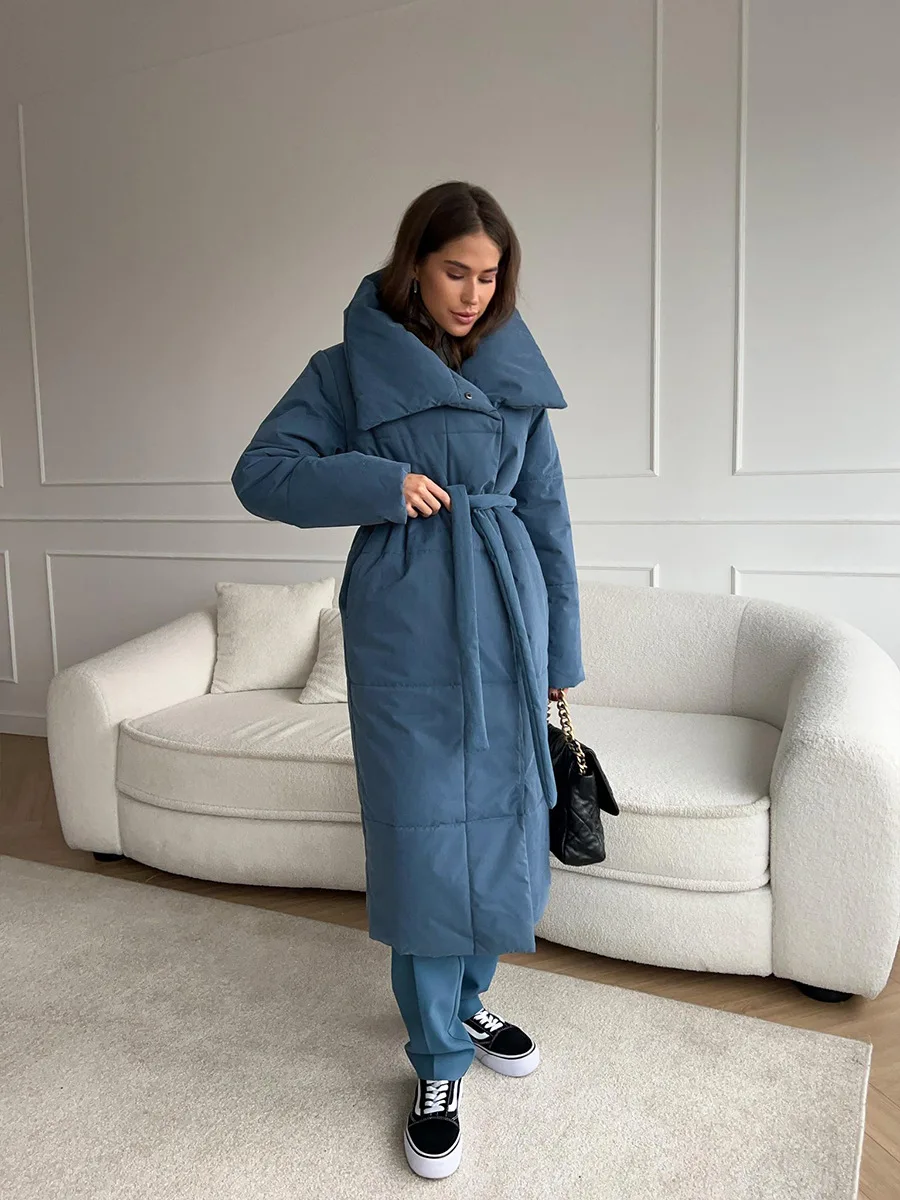 Winter Female Parkas Outwear Loose Lace-Up High Waist Long Sleeve Pocket Lapel Bandage Coat For Women Solid Parkas