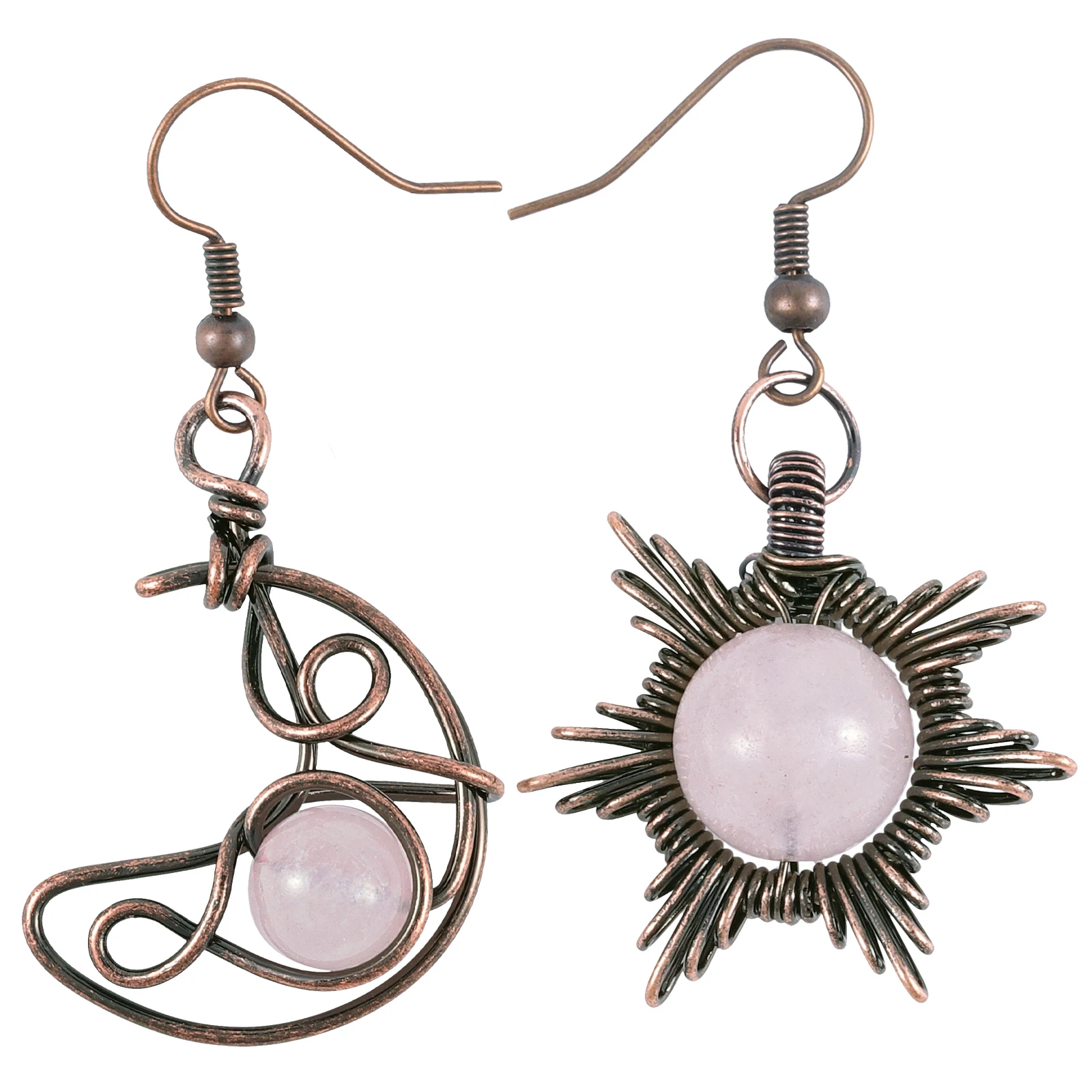 

Copper Wire Wrapped Sun & Moon Shape Dangle Earrings For Women Healing Crystal Stone Round Beads Drop Earring
