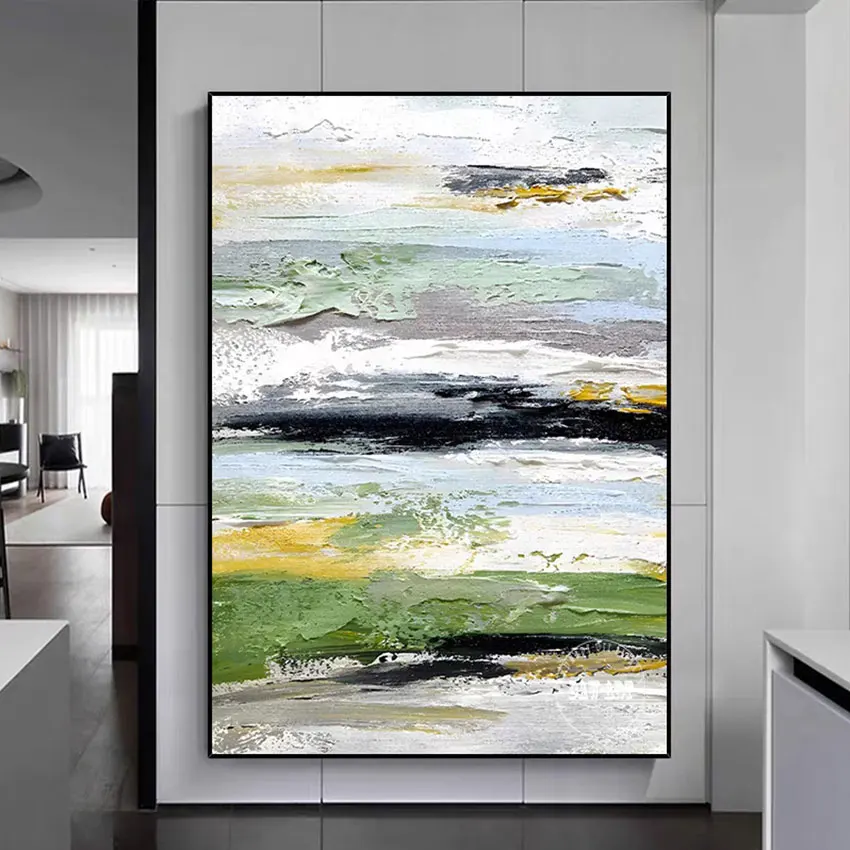 

Дизайн холста Зеленый белый пейзаж Акриловая абстрактная картина Художественный плакат Нож ручной работы Масляная живопись без обрамленной настенной подвески