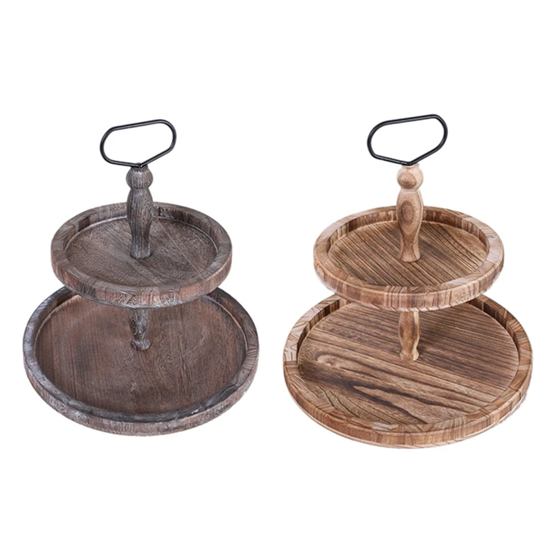 

2 Pcs Wood Two Tiered Tray With Round Metal Handle,Easy To Assemble 2 Tier Decor For Tiered Cake Presentation, A & B