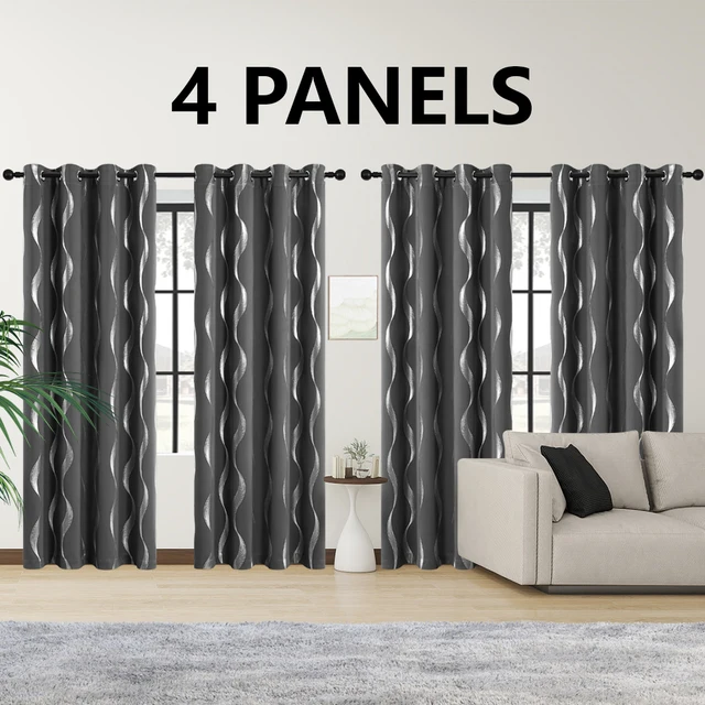 4PCS Blackout Curtains Grommet Thermal Insulated Room Darkening  With Wave Foil Printed For Bedroom