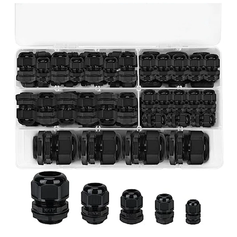 

Waterproof Cable Gland NPT Adjustable Cable Connector 1/4In 3/8In 1/2In 3/4In1In for Waterproof Junction, 52 Pcs