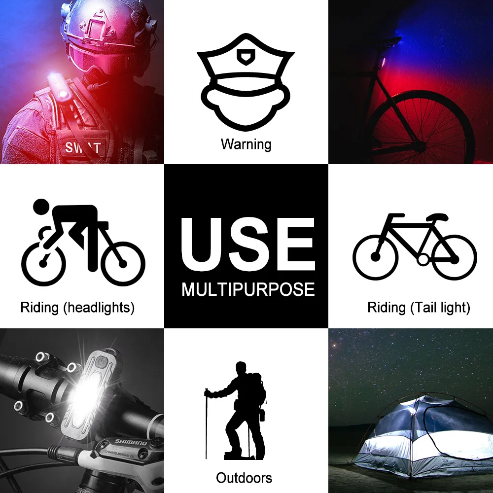 LED Red Blue Shoulder Tactical Police Flashlight with Clip USB Rechargeable Torch Bike Taillight Helmet Warn Light Flashlight 6