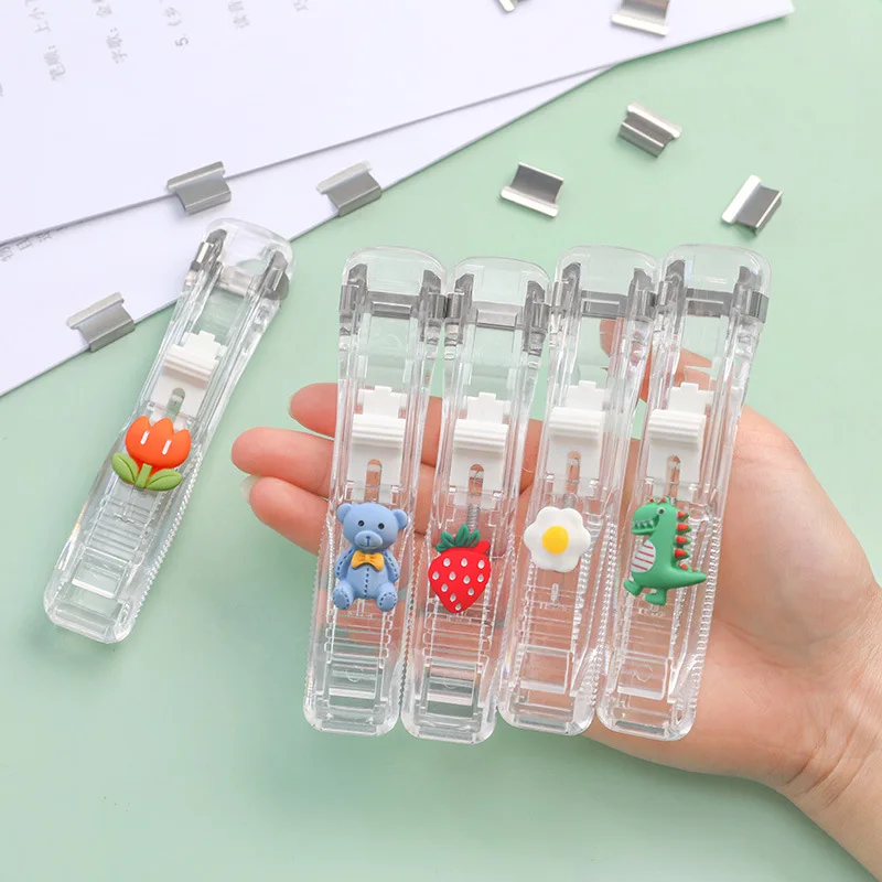 2pcs Cartoon Push Stapler + 100pcs Clips Transparent Binder Clips Document Binding Stationery Office Supplies Damage Paper