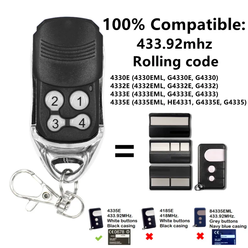 차고 문짝 리모컨, 체임벌린 4330E 4332E 4333E 4335E 교체용, 433.92MHz 송신기