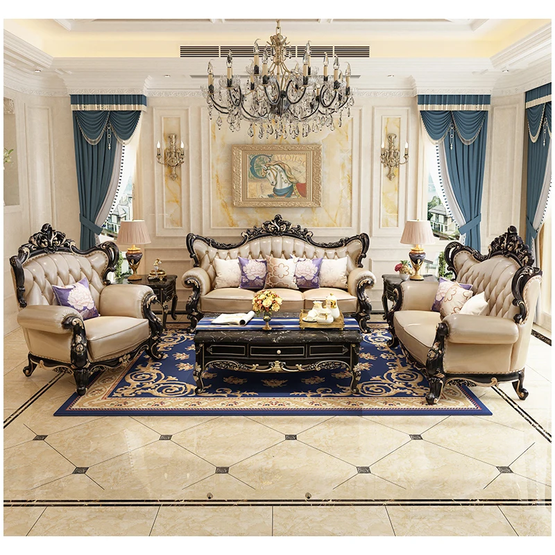 유럽 스타일 럭셔리 홈 거실 가구, 앤틱 럭셔리 단면 소파 세트 가구, 단단한 목재 거실 소파 