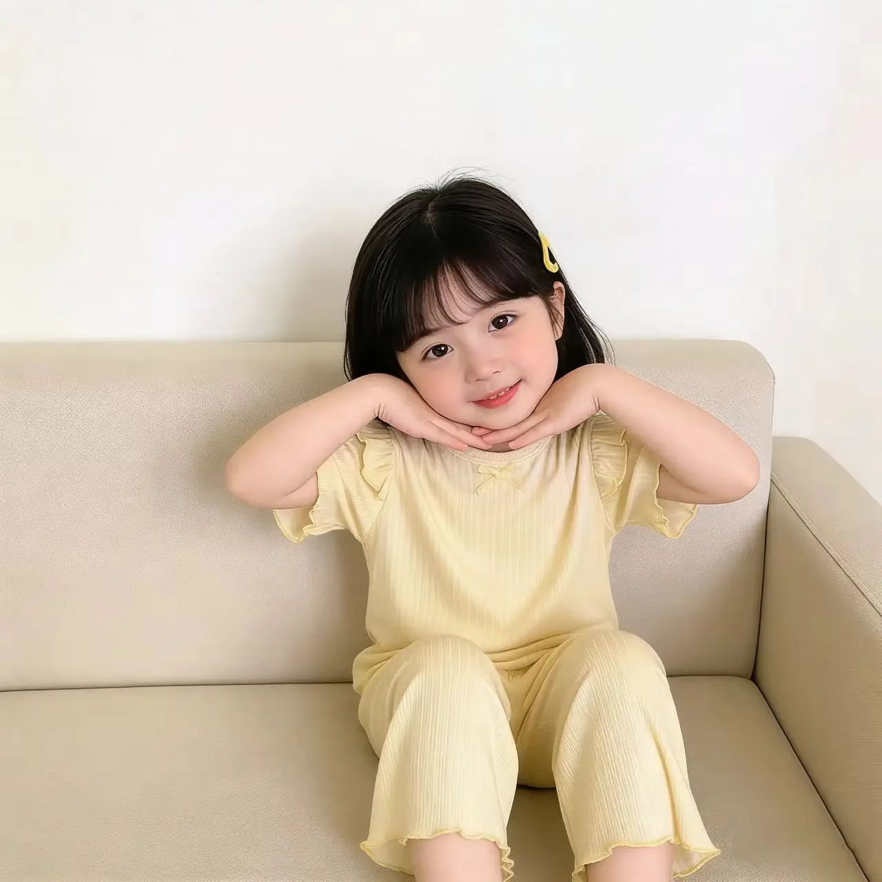 새로운 여름 여아  반팔 아이스 실크 파자마 홈웨어 투피스 세트 가벼운 소재