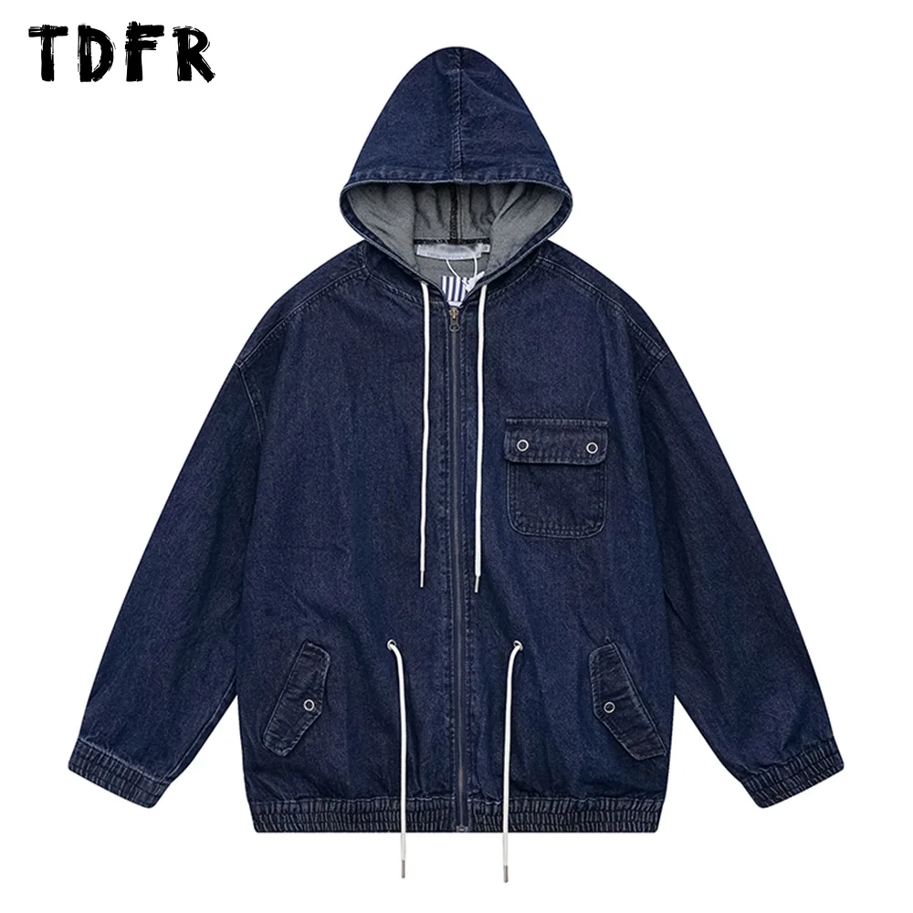 

Multi-Pocket Hooded Denim Jacket Mens Autumn Winter Loose Drawstring Hem Long Sleeve Jeans Jacket Men