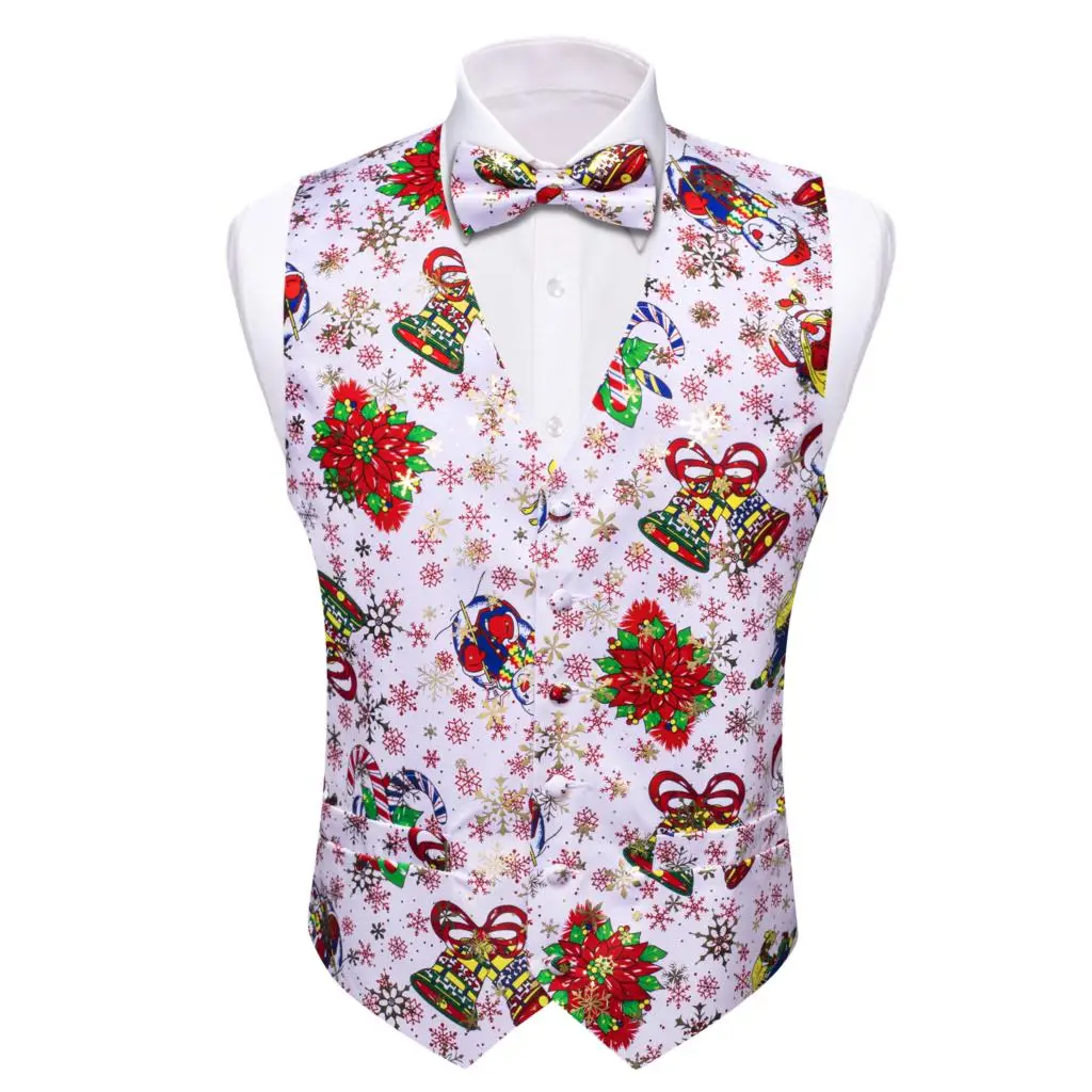 

Christmas Mens Vest Silk White Red Gift Jingling Bells Snowflake Santa Claus Elk Waistcoat Tie Bowtie Set Partyl Barry Wang