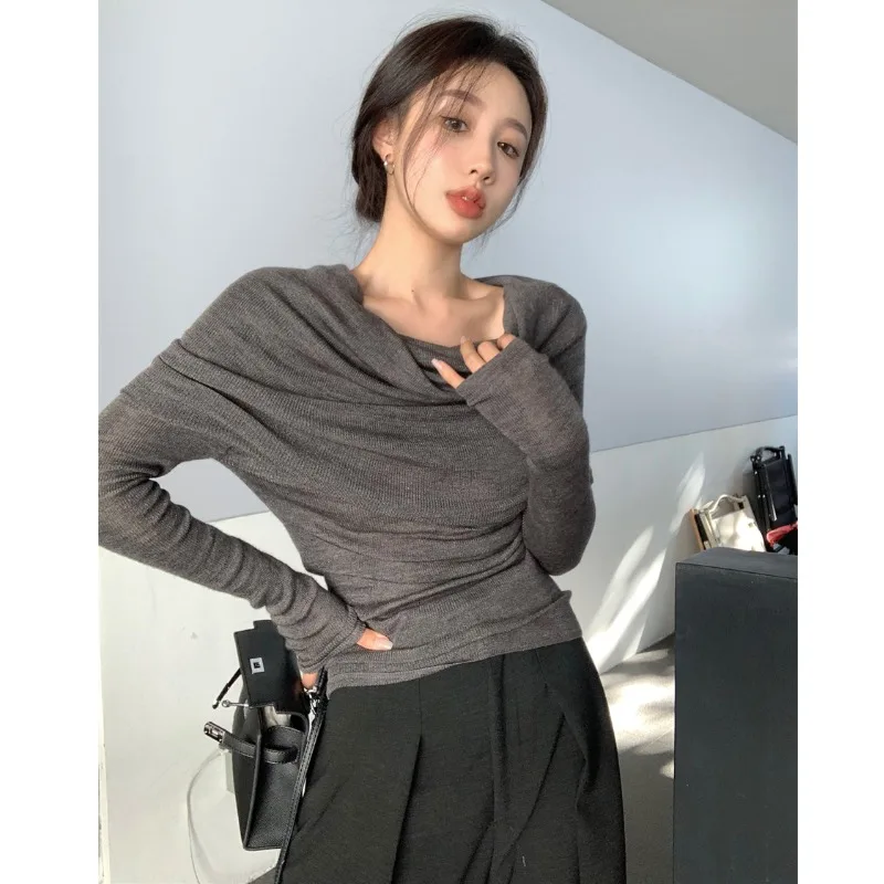 One Shoulder Sexy Inner Knitted Base Shirt for Women's Autumn and Winter Slim Fit Pleated Niche High-end Temperament Top 179