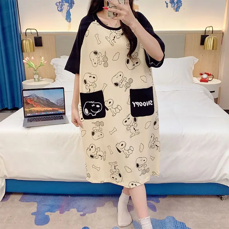 

Пижама Snoopy с мультяшным рисунком, милая Пижама, Женская пижама с круглым вырезом и коротким рукавом, платье из чистого хлопка, Повседневная Пижама, подарок на день рождения