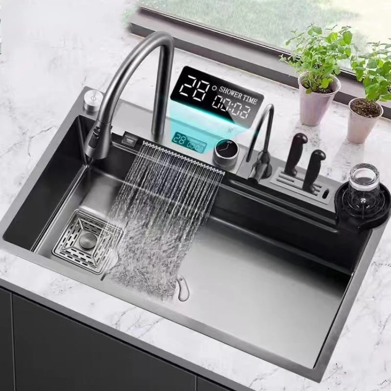 

Waterfall Kitchen Sink Stainless Steel Nano Multifuctional Large Single Slot with Digital Display Touch Waterfall Faucet