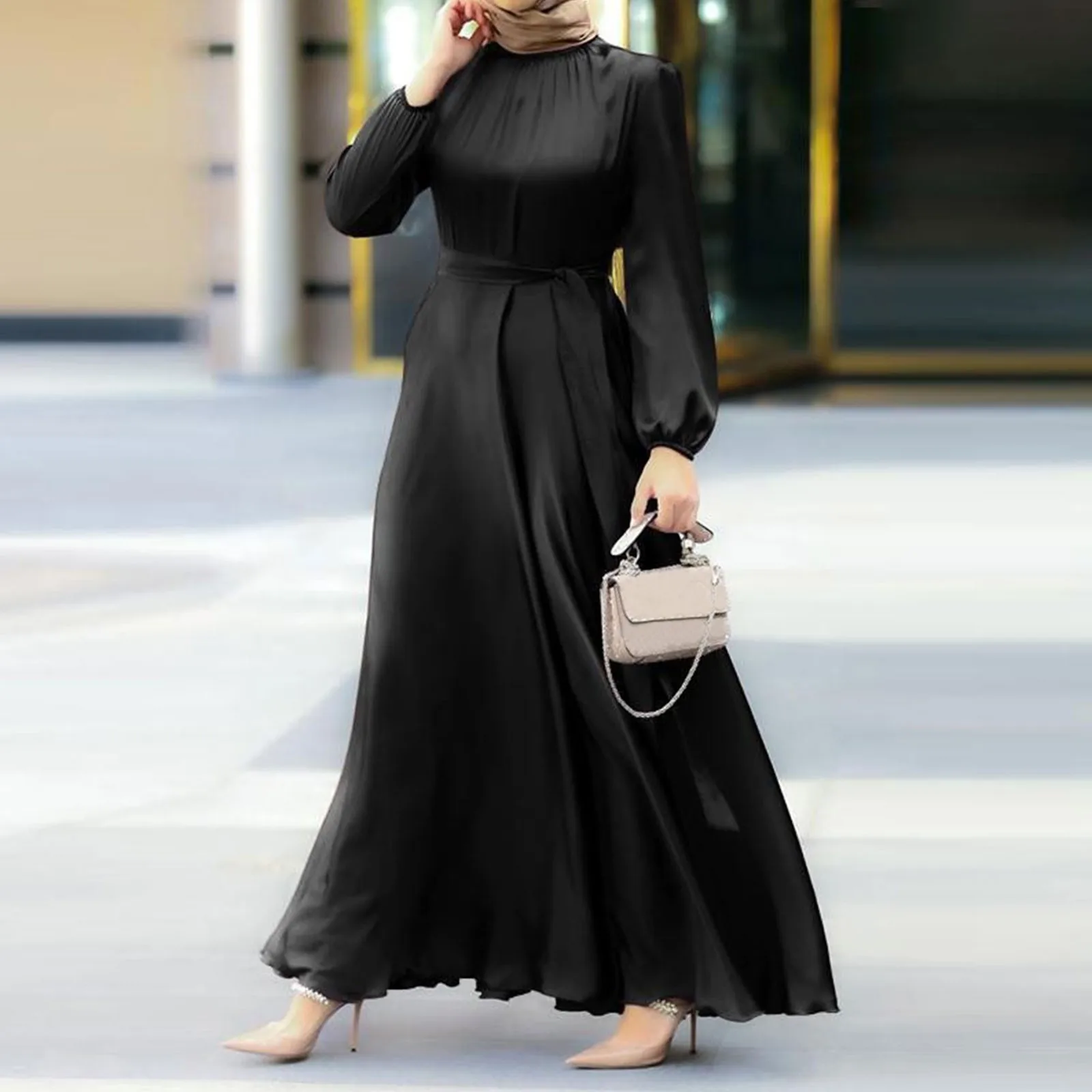 

Women'S Muslim Party Solid Satin Maxi Dress 2024 Summer Chic Elegant Puff Sleeve Robe Casual Holiday Swing Kaftan Ol Dubai Abaya