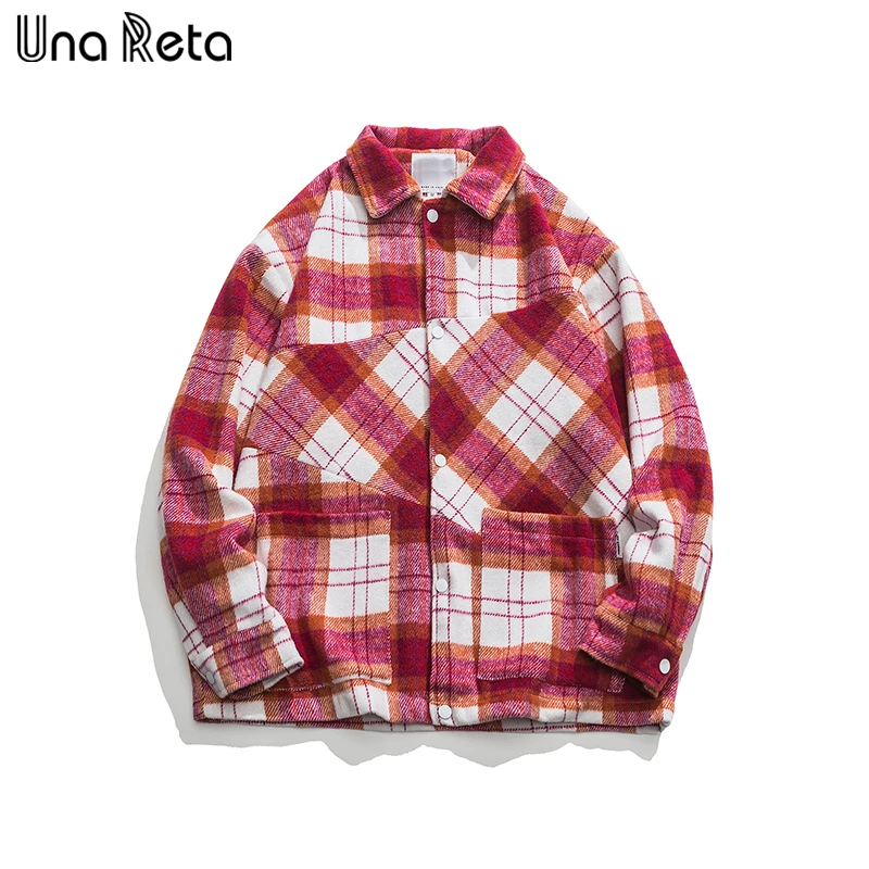

Una Reta Men Streetwear Casual Tracksuit Coat Harajuku Spring Autumn Single-breasted Hip Hop Plaid Woolen Couple Jacket Men