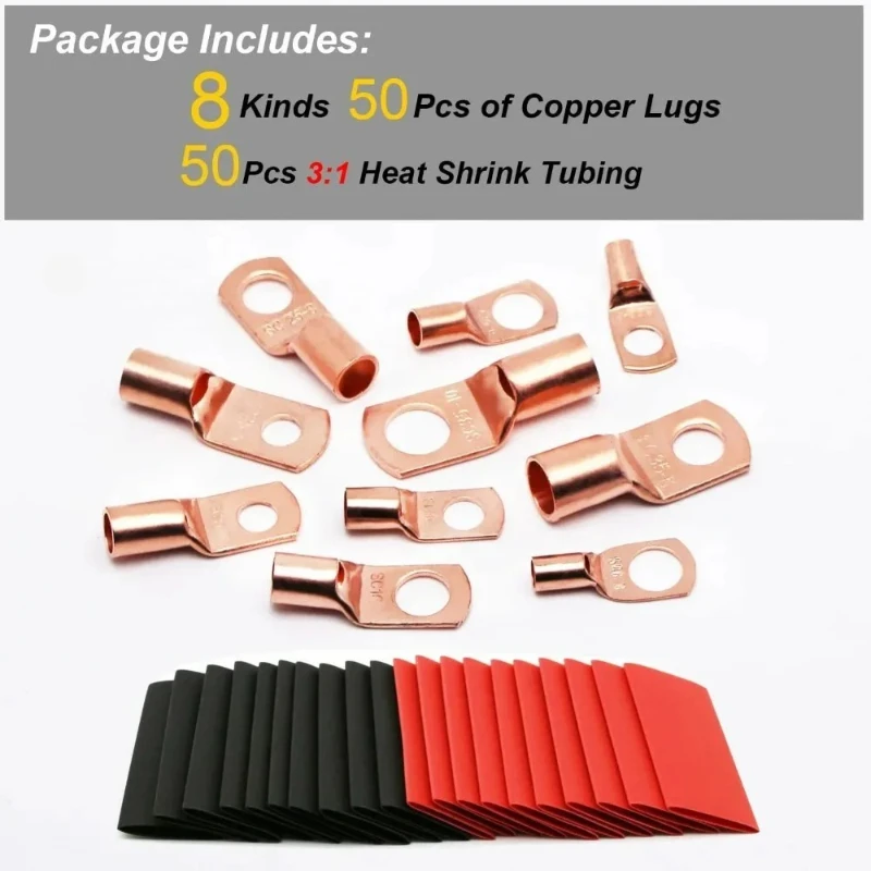 Copper Terminal Connectors 60/100/130pcs AWG 4 6 8 10 12 Ring Lug Kit With Shrink Tubing 50 Battery Cable Lugs With Shrink