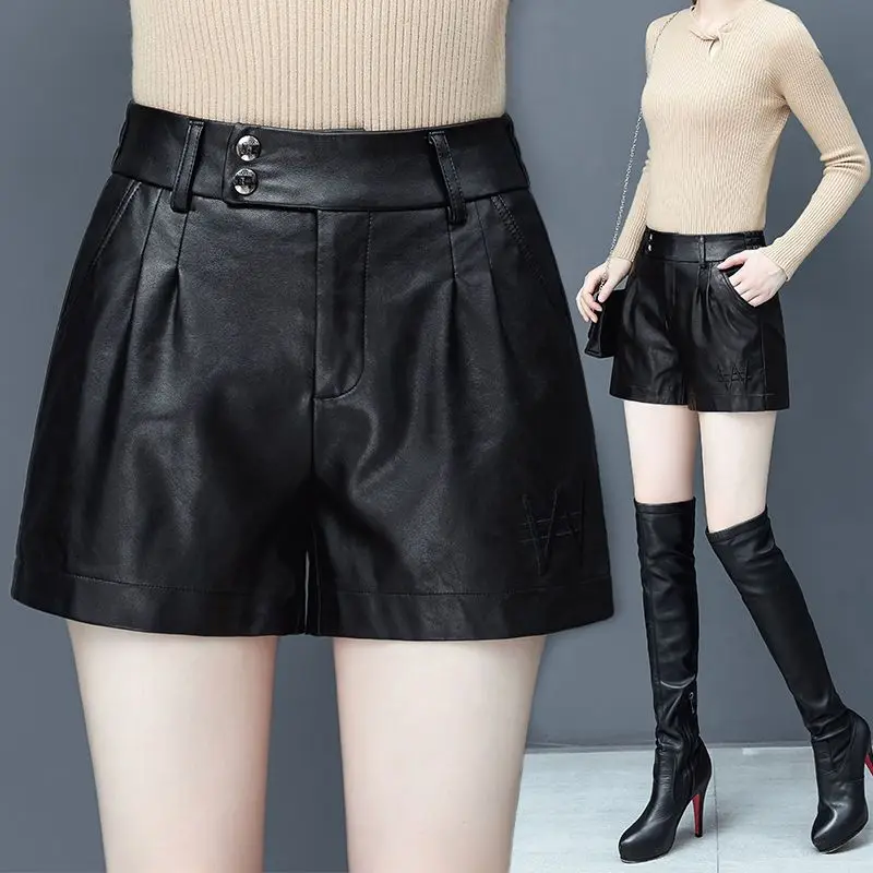 

2022 Autumn And Winter New Wide Leg Leather Shorts Women 'S High Waist Slimming Outside Wear Boot Pants Shorts Ladies Elastic Wa