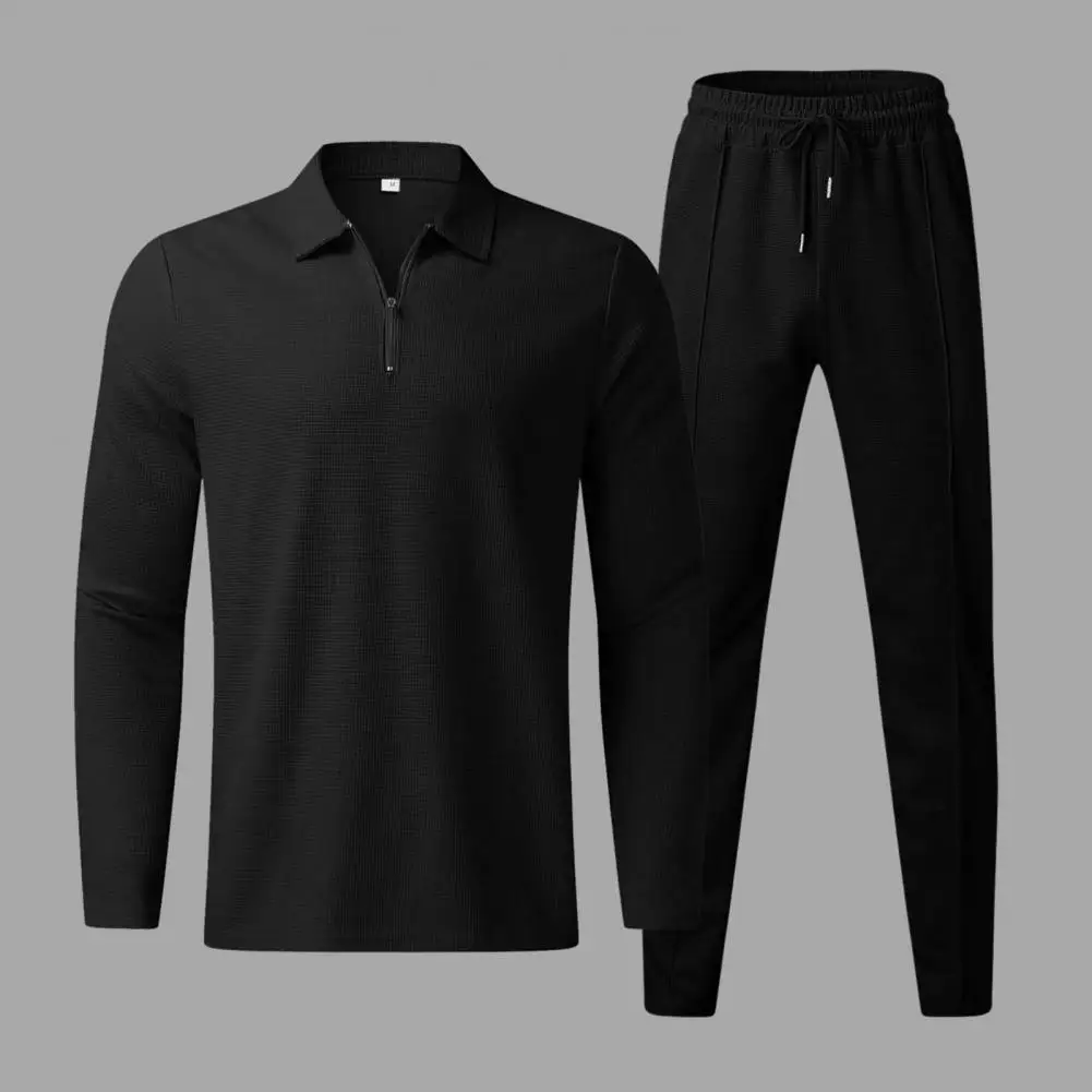 

Long-sleeved Top Trousers Set Men's Waffle Texture Sportswear Set Casual Lapel Zipper Tops Elastic Waist Drawstring for Active