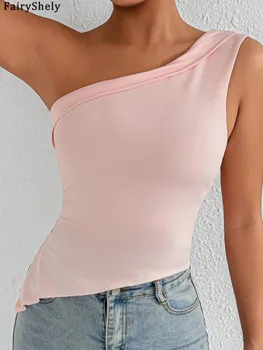 Fairyshely 2026 Sexy Summer Solid Bodycon Crop Top Women One-shoulder Sleeveless Tops Lady Off Shoulder Club Party Clothes