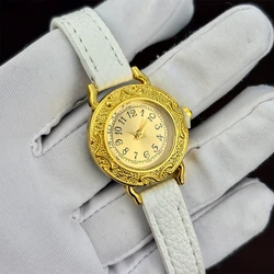 Elegant Women's Leather Watch with Retro Round Dial and Slim Gold Strap (Golden white)