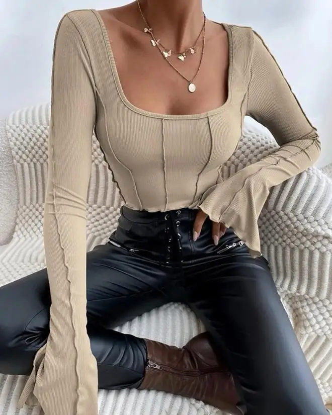 

Women Fashion Solid Color Sexy Tee 2023 New Piping U-Neck Bell Sleeve Top Open Back Tie Long Sleeve Y2K Casual Commuting Style
