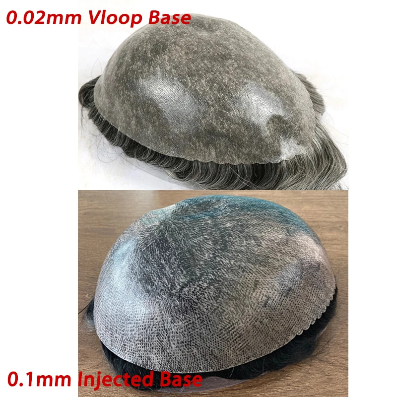 Human Hair Toupee Men Wig Natural Hairline #1B80 Gray Wave Full Skin 0.02mm