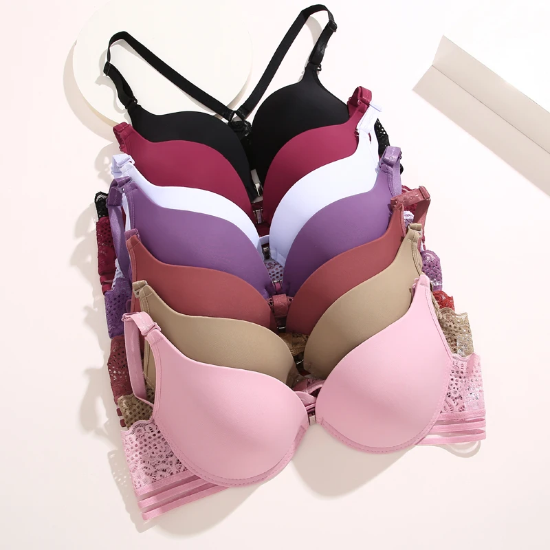 

Women Sexy Lace Back Crossing Push Up Gather Bra Beauty Back Ladies Solid Color Front Open Underwear Female Soft Breathable Bra