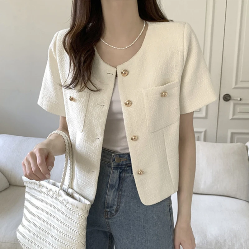 

2023 New Korean Chic Summer Retro Graceful Short Coat Round Neck Metal Button Loose Simple Temperament Double Pocket Small Shirt