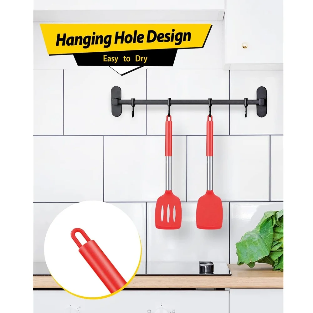 2 Pieces Silicone Spatula Kitchen Cooking Utensils Stainless Steel Tight Spatula Leaky Non-stick Cookware Kitchen Tools