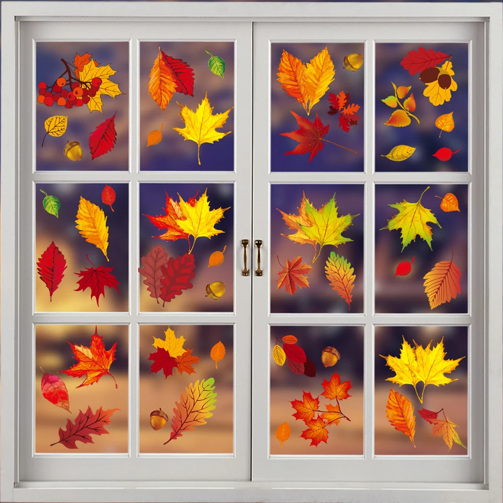 Thanksgiving Day Window Wall Sticker Home Warm Decoration Glueless Autumn Maple Leaf Art Pvc Decal