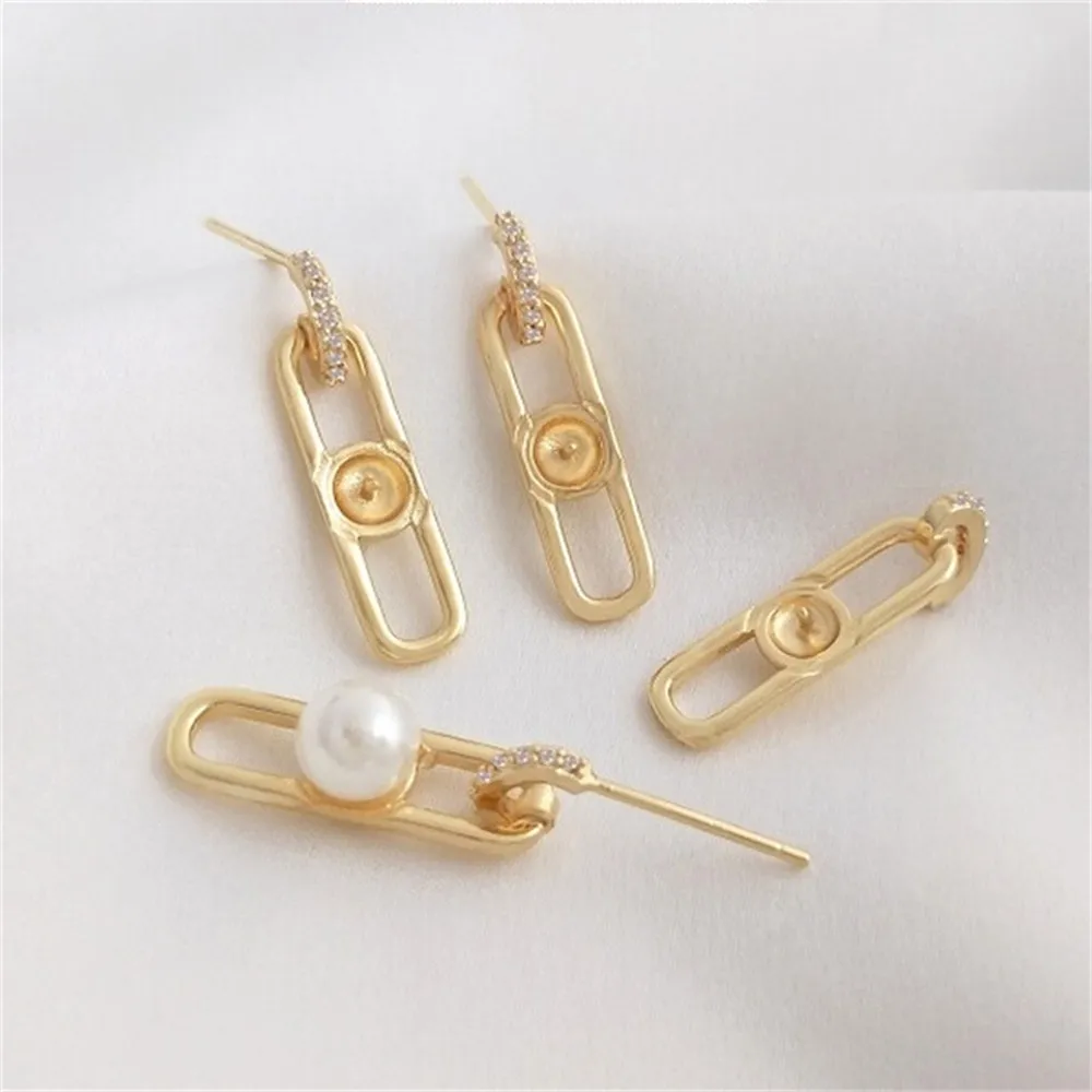 925 Silver Needle 14K Gold Filled Geometric Long O-Shaped Beads Holder Stud Earrings Handmade DIY Pearl Earrings Accessories