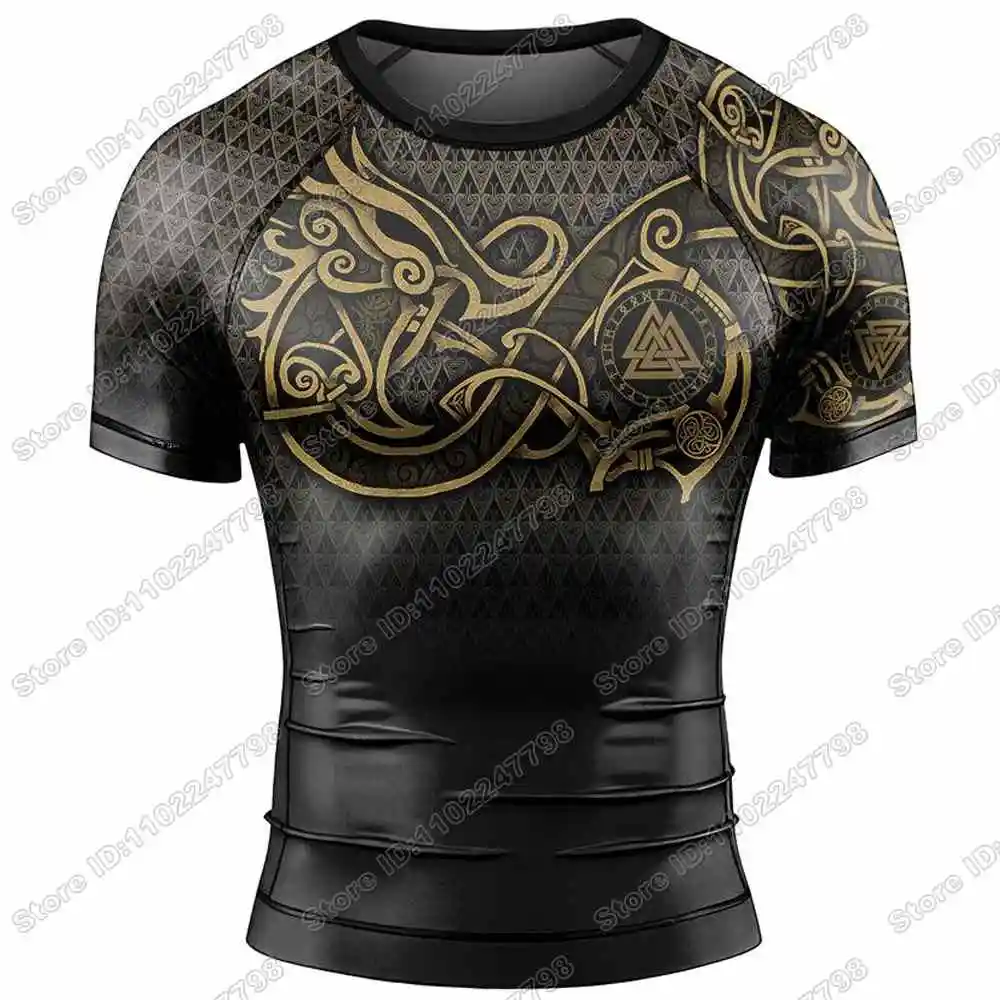 Viking Fenrir Symbol Rune Rash Guard Jiu Jitsu BJJ MMA T-shirt Compression Shirt Short Sleeve Surfing Jersey GYM Fitness Jersey