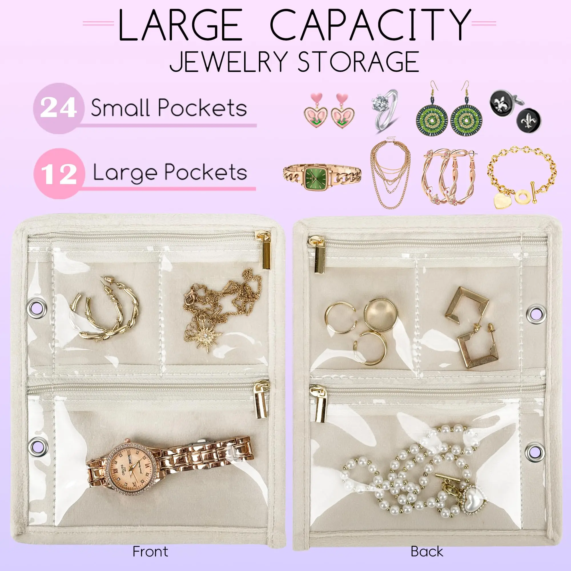 Travel Jewelry Organizer Case,Small Jewelry Bags Jewelry Storage Book Binder with Clear Zipper Velvet Pouch for Traveling,Pink
