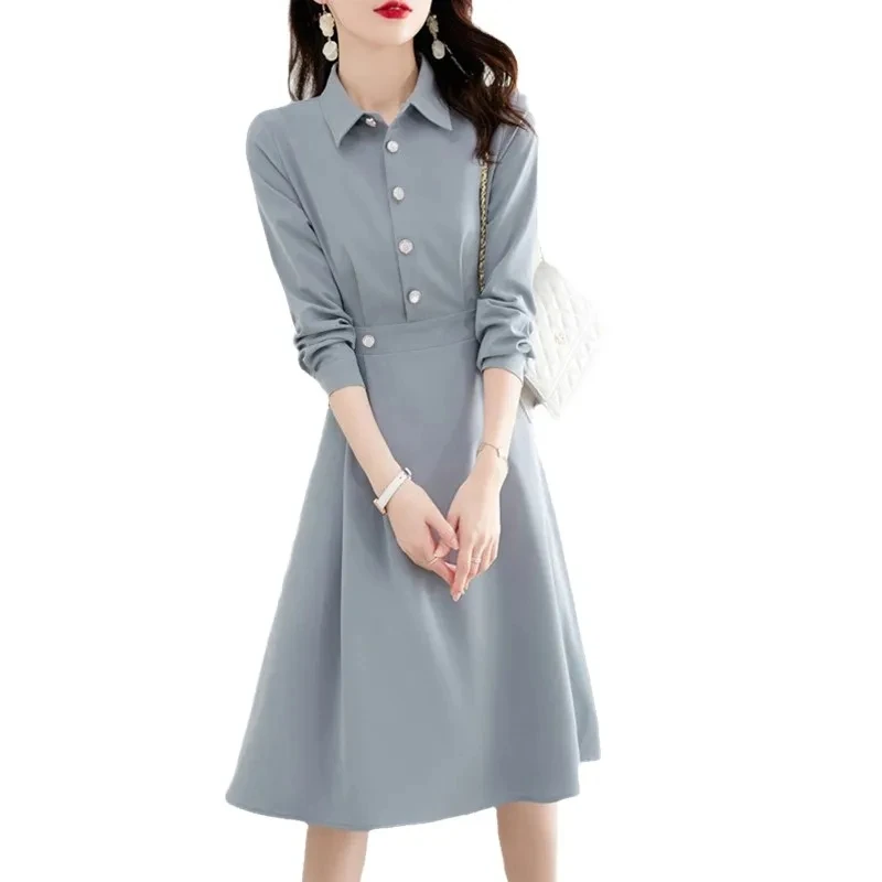 

Dress Women's 2022 New Summer Haze Blue Shirt Dresses Female Slim Fashion Long Sleeve Dress Ladies A-line Vestidos