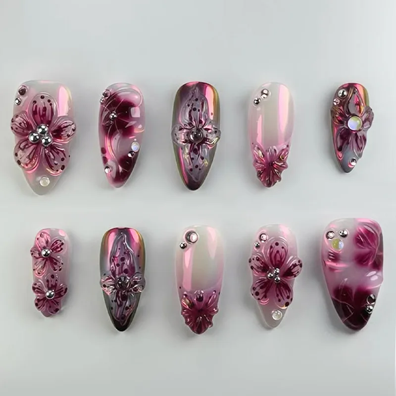 24PCS Pink Almond Press-On Nails with 3D Floral Design and Golden Pearl Accent