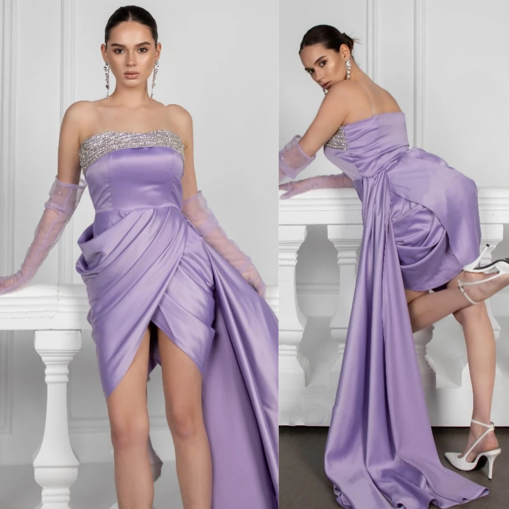 

Prom Dress Satin Beading Pleat Evening A-line Strapless Bespoke Occasion Gown Knee Length Dresses Saudi Arabia