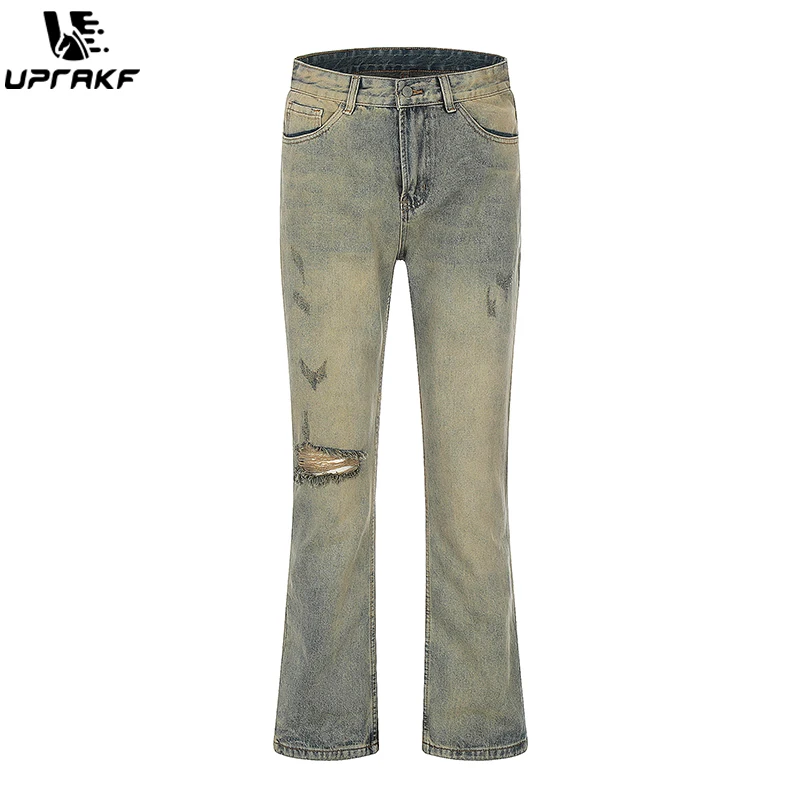 UPRAKF Flared Ripped Jeans Pocket Streetwear Pantalones Summer Denim Trousers Casual Basic Fashion High Street